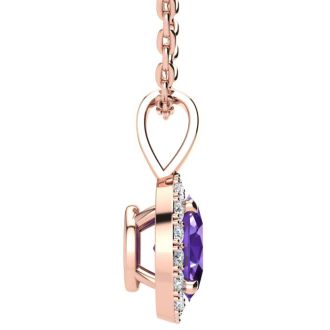 1/2 Carat Oval Shape Amethyst and Halo Diamond Necklace In 14 Karat Rose Gold With 18 Inch Chain