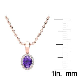 1/2 Carat Oval Shape Amethyst and Halo Diamond Necklace In 14 Karat Rose Gold With 18 Inch Chain