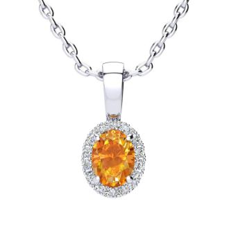 1/2 Carat Oval Shape Citrine and Halo Diamond Necklace In 14 Karat White Gold With 18 Inch Chain