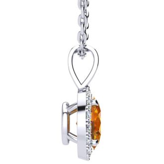 1/2 Carat Oval Shape Citrine and Halo Diamond Necklace In 14 Karat White Gold With 18 Inch Chain