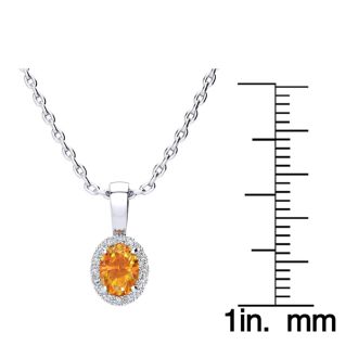 1/2 Carat Oval Shape Citrine and Halo Diamond Necklace In 14 Karat White Gold With 18 Inch Chain