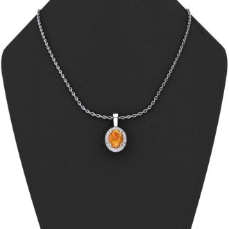 1/2 Carat Oval Shape Citrine and Halo Diamond Necklace In 14 Karat White Gold With 18 Inch Chain