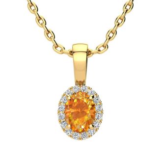 1/2 Carat Oval Shape Citrine and Halo Diamond Necklace In 14 Karat Yellow Gold With 18 Inch Chain