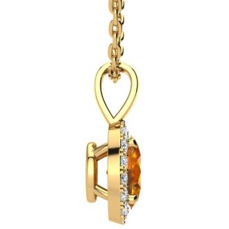 1/2 Carat Oval Shape Citrine and Halo Diamond Necklace In 14 Karat Yellow Gold With 18 Inch Chain