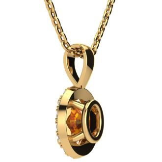 1/2 Carat Oval Shape Citrine and Halo Diamond Necklace In 14 Karat Yellow Gold With 18 Inch Chain