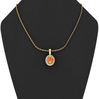 1/2 Carat Oval Shape Citrine and Halo Diamond Necklace In 14 Karat Yellow Gold With 18 Inch Chain