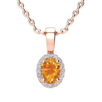 1/2 Carat Oval Shape Citrine and Halo Diamond Necklace In 14 Karat Rose Gold With 18 Inch Chain