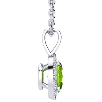1/2 Carat Oval Shape Peridot and Halo Diamond Necklace In 14 Karat White Gold With 18 Inch Chain