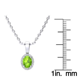 1/2 Carat Oval Shape Peridot and Halo Diamond Necklace In 14 Karat White Gold With 18 Inch Chain