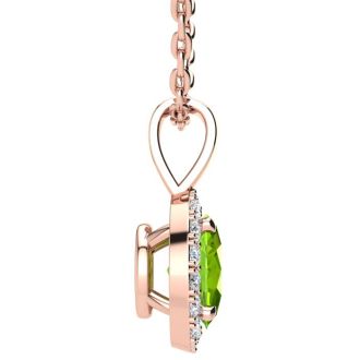 1/2 Carat Oval Shape Peridot and Halo Diamond Necklace In 14 Karat Rose Gold With 18 Inch Chain
