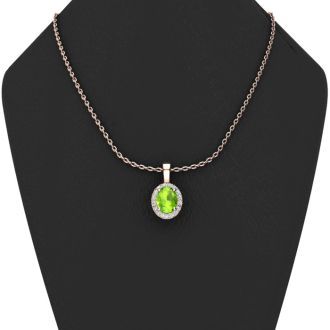 1/2 Carat Oval Shape Peridot and Halo Diamond Necklace In 14 Karat Rose Gold With 18 Inch Chain