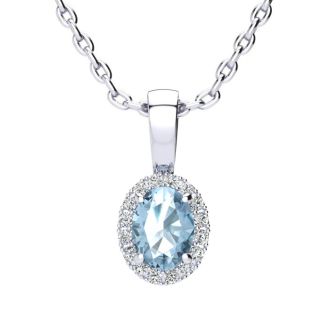 0.62 Carat Oval Shape Blue Topaz and Halo Diamond Necklace In 14 Karat White Gold With 18 Inch Chain