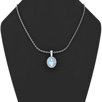 0.62 Carat Oval Shape Blue Topaz and Halo Diamond Necklace In 14 Karat White Gold With 18 Inch Chain