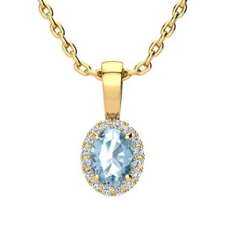 0.62 Carat Oval Shape Blue Topaz and Halo Diamond Necklace In 14 Karat Yellow Gold With 18 Inch Chain