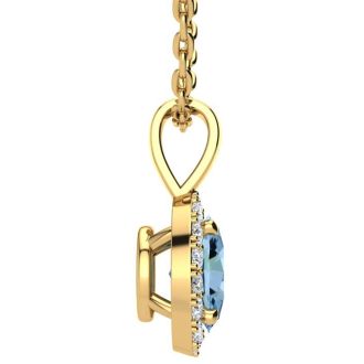 0.62 Carat Oval Shape Blue Topaz and Halo Diamond Necklace In 14 Karat Yellow Gold With 18 Inch Chain