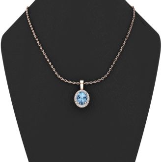 0.62 Carat Oval Shape Blue Topaz and Halo Diamond Necklace In 14 Karat Rose Gold With 18 Inch Chain
