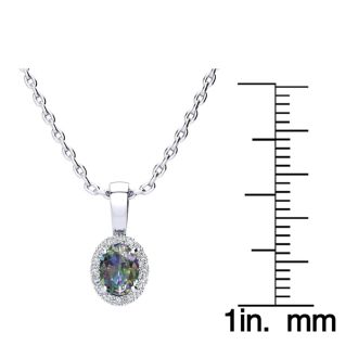 5/8 Carat Oval Shape Mystic Topaz Necklace  With Diamond Halo In 14 Karat White Gold, 18 Inches