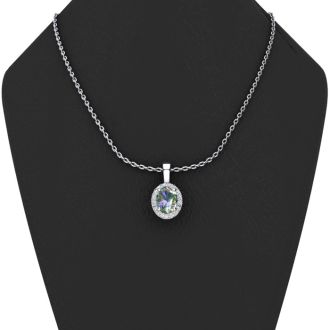 5/8 Carat Oval Shape Mystic Topaz Necklace  With Diamond Halo In 14 Karat White Gold, 18 Inches