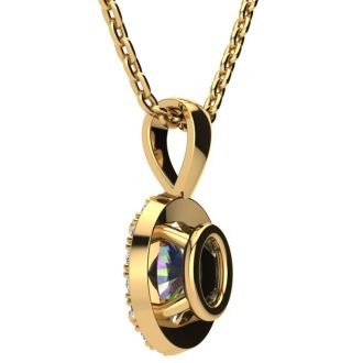 5/8 Carat Oval Shape Mystic Topaz Necklace  With Diamond Halo In 14 Karat Yellow Gold, 18 Inches