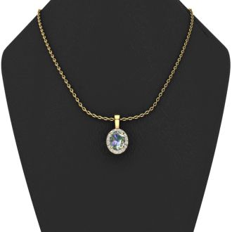 5/8 Carat Oval Shape Mystic Topaz Necklace  With Diamond Halo In 14 Karat Yellow Gold, 18 Inches