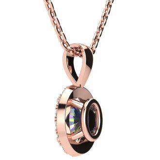 5/8 Carat Oval Shape Mystic Topaz Necklace  With Diamond Halo In 14 Karat Rose Gold, 18 Inches