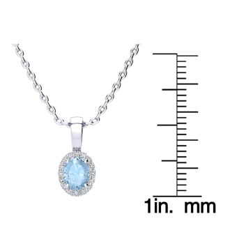 Aquamarine Necklace: Aquamarine Jewelry: 1/2 Carat Oval Shape Aquamarine and Halo Diamond Necklace In 14 Karat White Gold With 18 Inch Chain