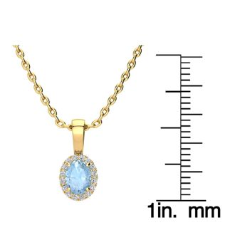 Aquamarine Necklace: Aquamarine Jewelry: 1/2 Carat Oval Shape Aquamarine and Halo Diamond Necklace In 14 Karat Yellow Gold With 18 Inch Chain