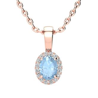 Aquamarine Necklace: Aquamarine Jewelry: 1/2 Carat Oval Shape Aquamarine and Halo Diamond Necklace In 14 Karat Rose Gold With 18 Inch Chain