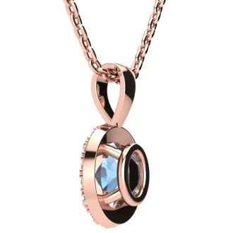 1/2 Carat Oval Shape Aquamarine and Halo Diamond Necklace In 14 Karat Rose Gold With 18 Inch Chain