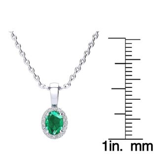 1/2 Carat Oval Shape Emerald Necklaces With Diamond Halo In 14 Karat White Gold, 18 Inch Chain