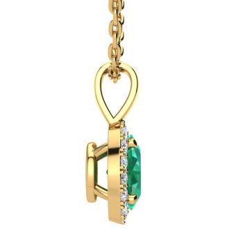 1/2 Carat Oval Shape Emerald Necklaces With Diamond Halo In 14 Karat Yellow Gold, 18 Inch Chain