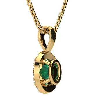 1/2 Carat Oval Shape Emerald Necklaces With Diamond Halo In 14 Karat Yellow Gold, 18 Inch Chain