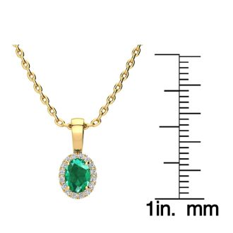1/2 Carat Oval Shape Emerald Necklaces With Diamond Halo In 14 Karat Yellow Gold, 18 Inch Chain