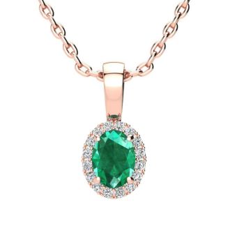 1/2 Carat Oval Shape Emerald and Halo Diamond Necklace In 14 Karat Rose Gold With 18 Inch Chain