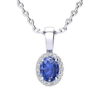 0.62 Carat Oval Shape Tanzanite and Halo Diamond Necklace In 14 Karat White Gold With 18 Inch Chain