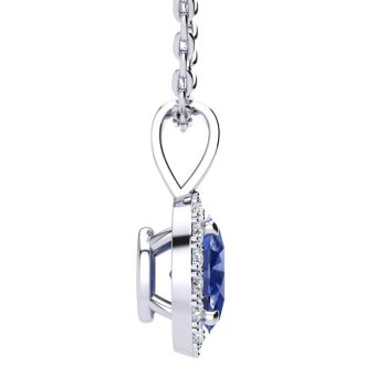 0.62 Carat Oval Shape Tanzanite and Halo Diamond Necklace In 14 Karat White Gold With 18 Inch Chain