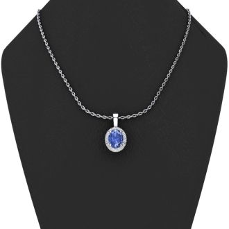 0.62 Carat Oval Shape Tanzanite and Halo Diamond Necklace In 14 Karat White Gold With 18 Inch Chain