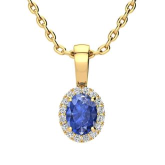 0.62 Carat Oval Shape Tanzanite and Halo Diamond Necklace In 14 Karat Yellow Gold With 18 Inch Chain