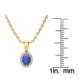 0.62 Carat Oval Shape Tanzanite and Halo Diamond Necklace In 14 Karat Yellow Gold With 18 Inch Chain