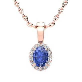 0.62 Carat Oval Shape Tanzanite and Halo Diamond Necklace In 14 Karat Rose Gold With 18 Inch Chain