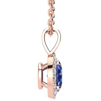 0.62 Carat Oval Shape Tanzanite and Halo Diamond Necklace In 14 Karat Rose Gold With 18 Inch Chain
