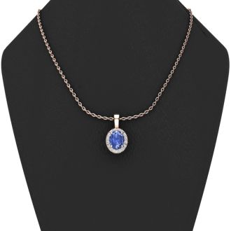 0.62 Carat Oval Shape Tanzanite and Halo Diamond Necklace In 14 Karat Rose Gold With 18 Inch Chain