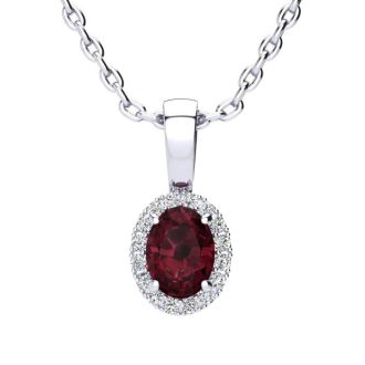 Garnet Necklace: Garnet Jewelry: 0.62 Carat Oval Shape Garnet and Halo Diamond Necklace In 14 Karat White Gold With 18 Inch Chain
