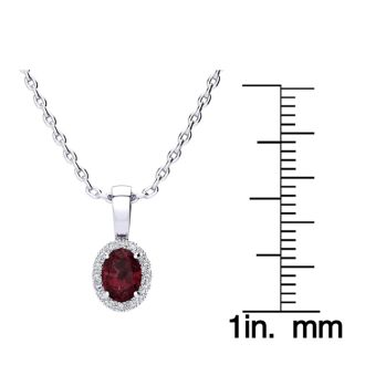 Garnet Necklace: Garnet Jewelry: 0.62 Carat Oval Shape Garnet and Halo Diamond Necklace In 14 Karat White Gold With 18 Inch Chain