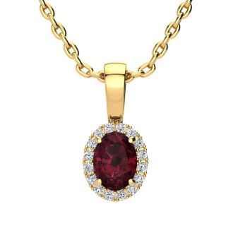 Garnet Necklace: Garnet Jewelry: 0.62 Carat Oval Shape Garnet and Halo Diamond Necklace In 14 Karat Yellow Gold With 18 Inch Chain