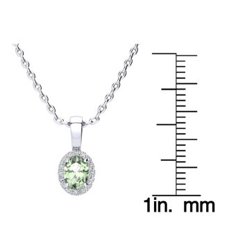 1/2 Carat Oval Shape Green Amethyst and Halo Diamond Necklace In 14 Karat White Gold With 18 Inch Chain