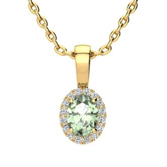 1/2 Carat Oval Shape Green Amethyst and Halo Diamond Necklace In 14 Karat Yellow Gold With 18 Inch Chain