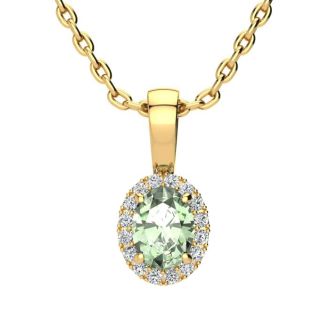 1/2 Carat Oval Shape Green Amethyst and Halo Diamond Necklace In 14 Karat Yellow Gold With 18 Inch Chain