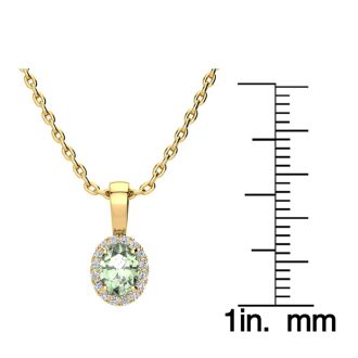 1/2 Carat Oval Shape Green Amethyst and Halo Diamond Necklace In 14 Karat Yellow Gold With 18 Inch Chain