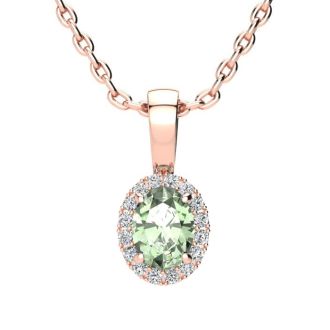 1/2 Carat Oval Shape Green Amethyst and Halo Diamond Necklace In 14 Karat Rose Gold With 18 Inch Chain